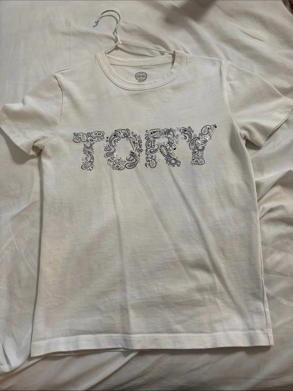 Tory Burch White Kids Graphic Tee with Paisley 'TORY' Logo